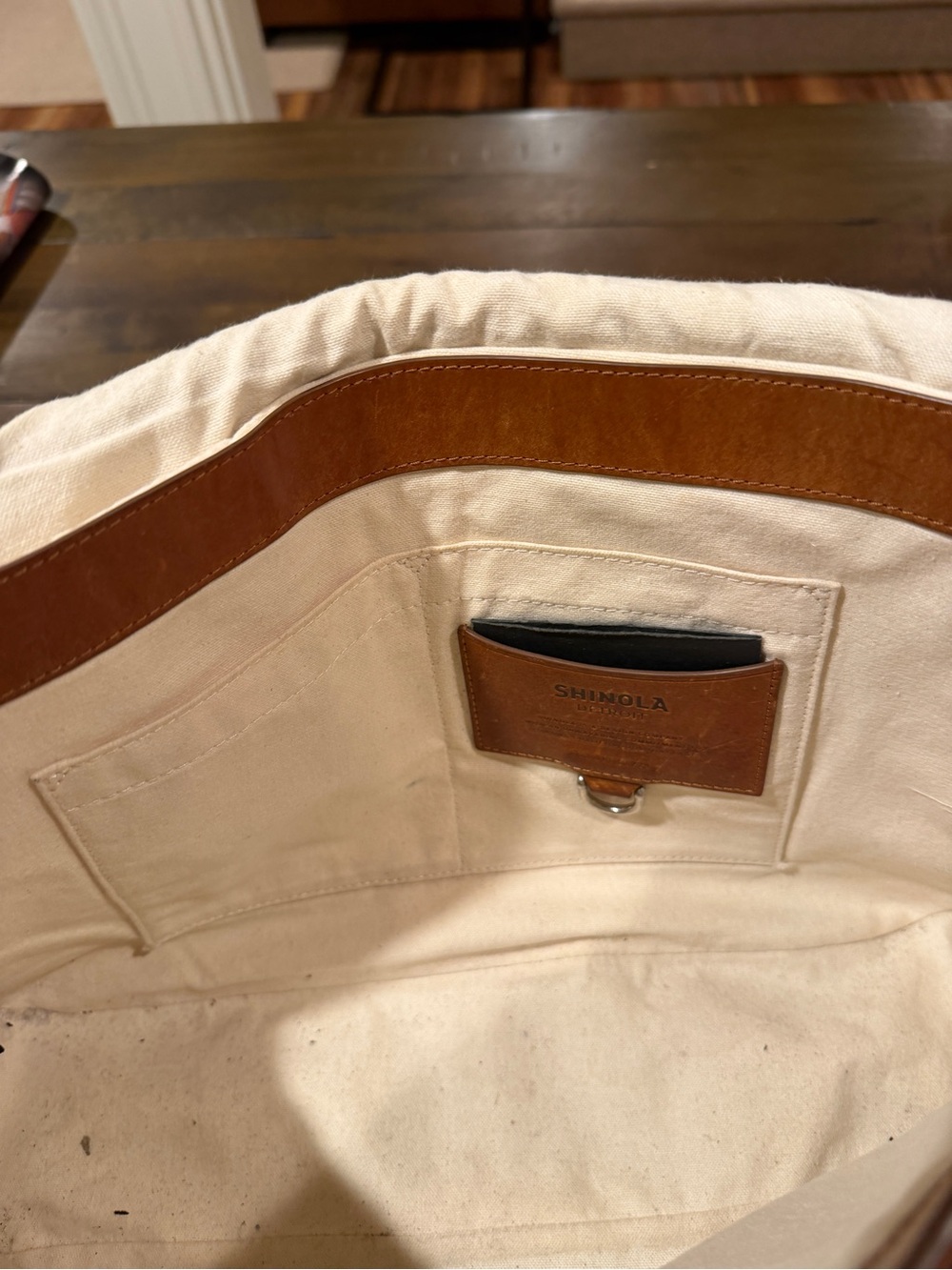 SHINOLA Tan Canfield Relaxed Leather Messenger Bag with Striped Shoulder Strap - Picture 8 of 11